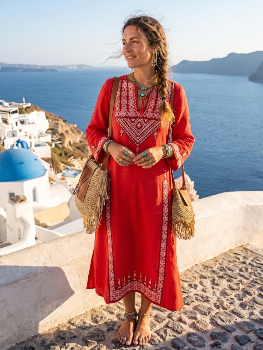 Vintage 1960s long, bohemian Elegant Red Embroidered Dress